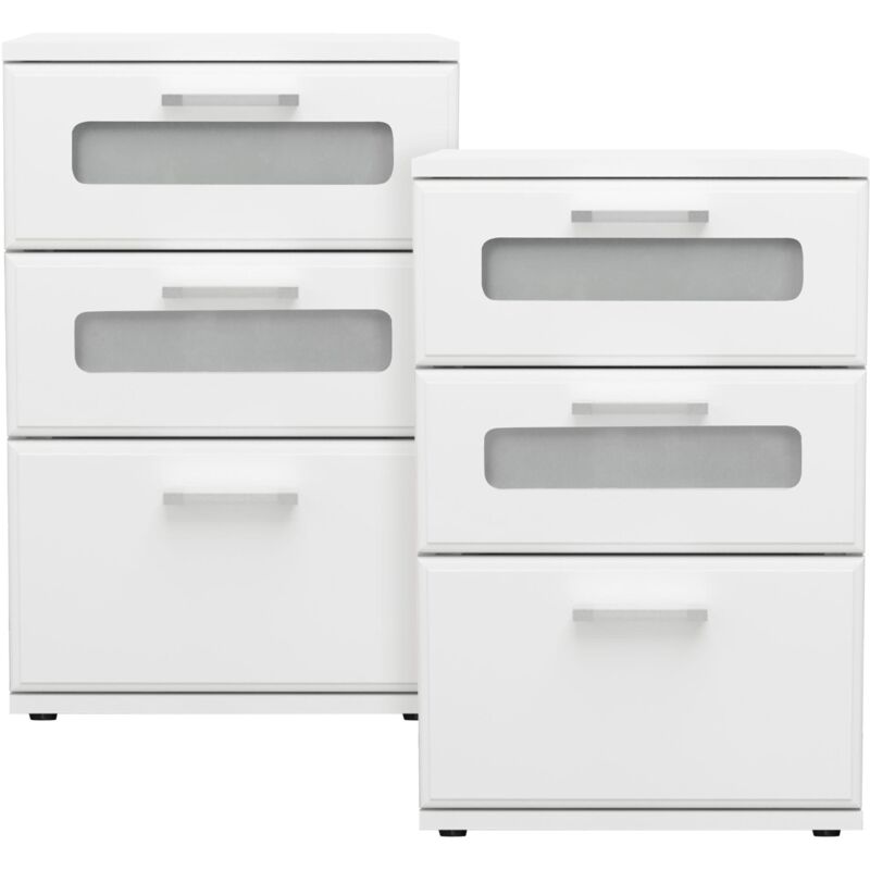 Ml-design - 2x Table de Nuit avec 3 Tiroirs, dont 2 avec Insert en Verre Satiné, Blanc, 40x60x38 cm, Bois mdf, Table de Chevet, Console de Nuit