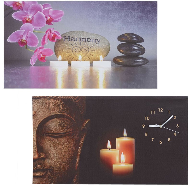 2x Tableau led image avec illumination, toile mural, minuterie, Bouddha/Harmony, horloge, 70x40cm