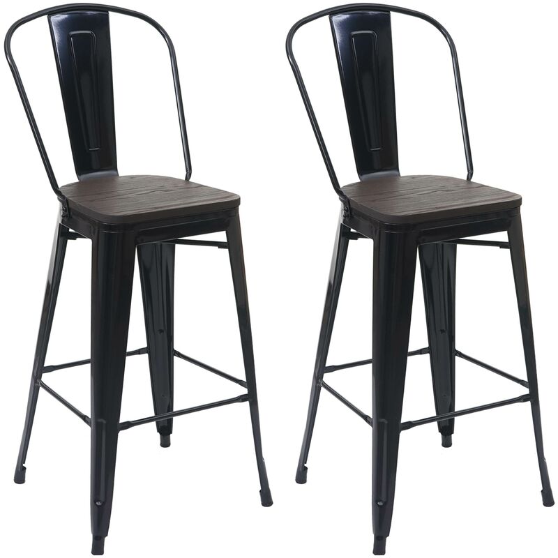 [jamais utilisé] 2x tabouret de bar hhg-407 avec siège en bois, chaise comptoir avec dossier, métal, design industriel noir - black