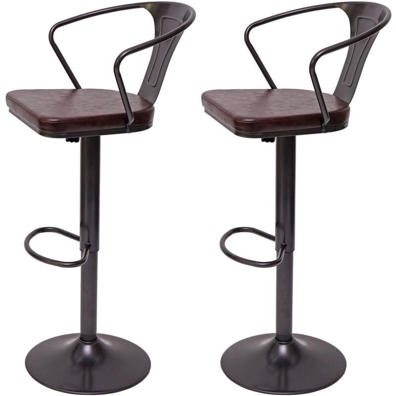 2x Tabouret de bar HHG 443b,réglable en hauteur,avec accoudoirs,pivotant,style industriel, vintage noir-marron