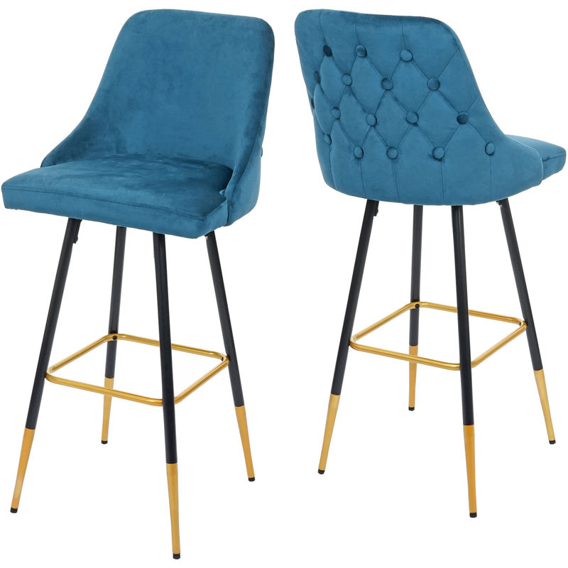 2x tabouret de bar hhg 665, chaise de bar/comptoir, design rétro, velours, haubans/pieds dorés pétrole - blue