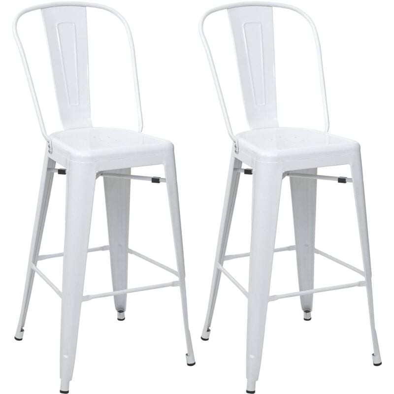 HHG - 2x tabouret de bar 812, chaise bar avec dosssier, métal, style industriel, blanc