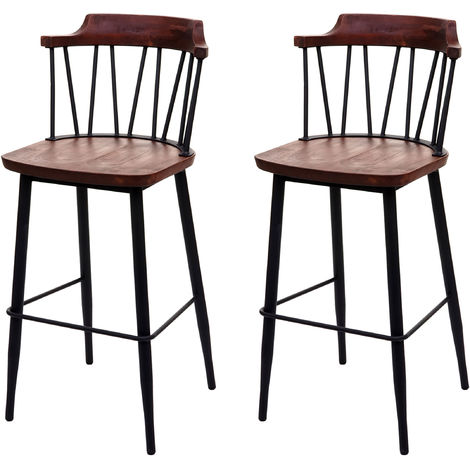 2x tabouret de bar HHG-877b, chaise bar, bois massif, rétro,métal, repose-pied, gastronomie  vintage marron