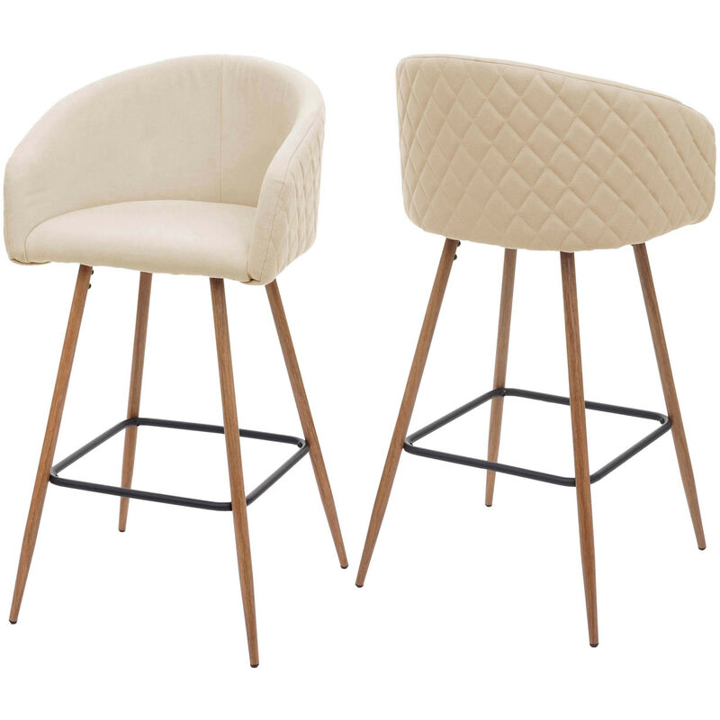 Mendler - 2x tabouret de bar HWC-D72, chaise bar/comptoir, avec dossier, tissu - crème-beige