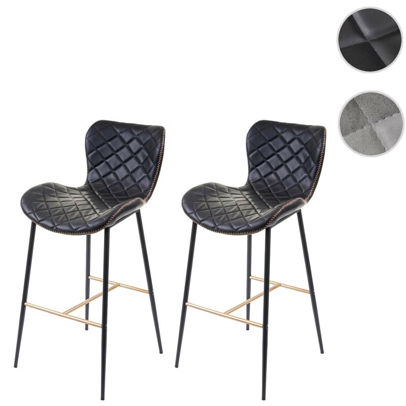 Mendler - 2x tabouret de bar HWC-E55, chaise de bar/comptoir, vintage, haubans dorés - similicuir, aspect daim, gris
