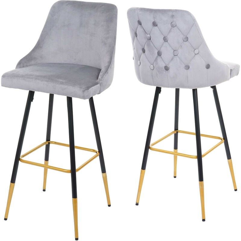 Mendler - 2x tabouret de bar HWC-E70, chaise de bar/comptoir, design rétro, velours, haubans/pieds dorés - gris