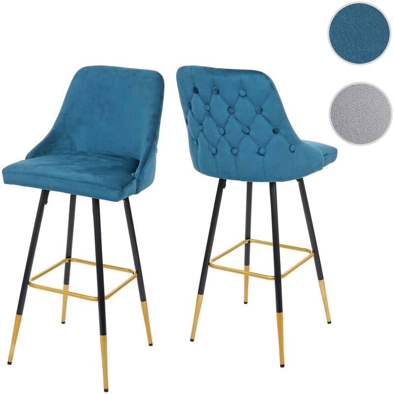Mendler - 2x tabouret de bar HWC-E70, chaise de bar/comptoir, design rétro, velours, haubans/pieds dorés - pétrole