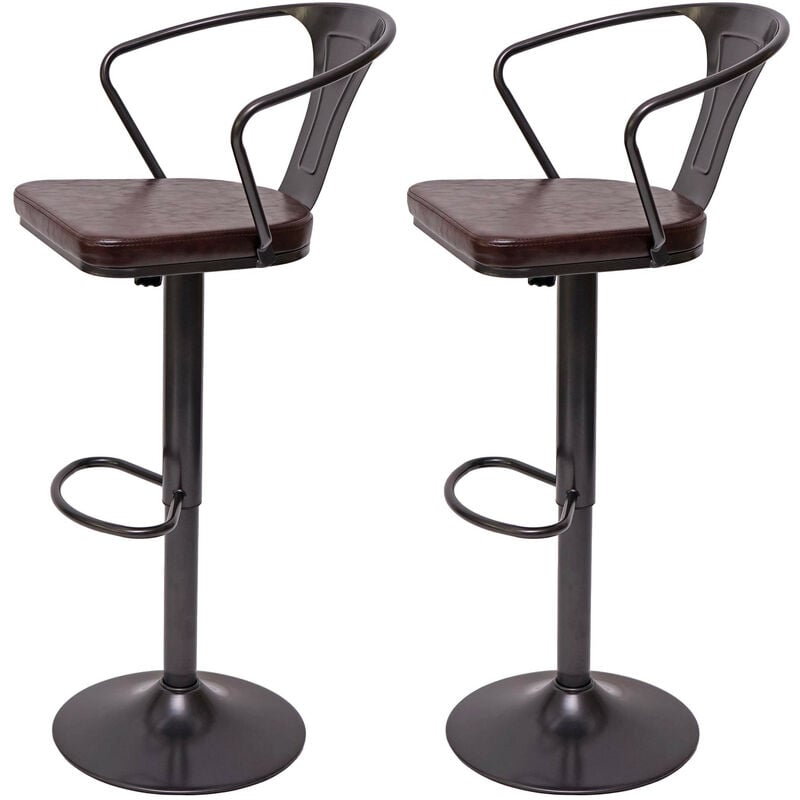 Mendler - 2x Tabouret de bar HWC-H10b,réglable en hauteur,avec accoudoirs,pivotant,style industriel-vintage noir-marron