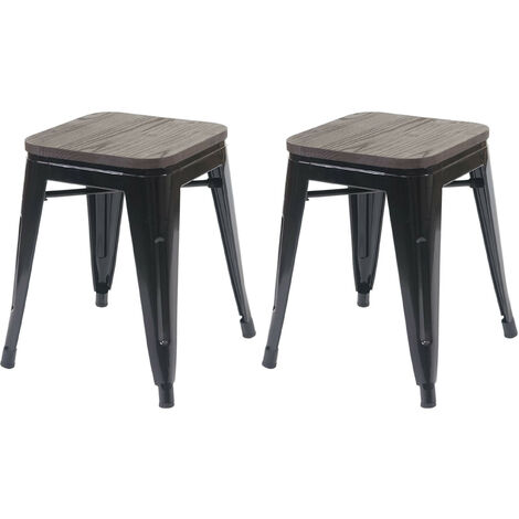 2x tabouret HWC-A73 avec siège en bois, tabouret en métal, design industriel, empilable - noir