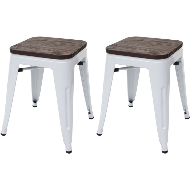 2x Tabouret HWC-A73, avec siège en bois, métal, style industriel - blanc