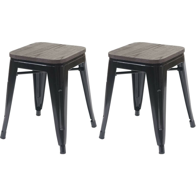 2x tabouret HWC-A73 avec siège en bois, tabouret en métal, design industriel, empilable - noir