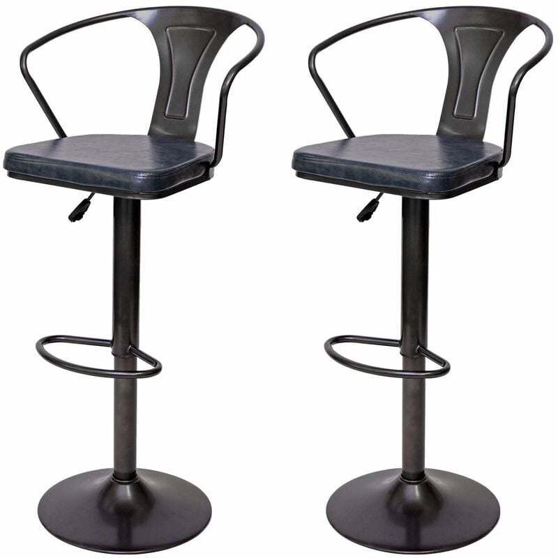 2x tabourets de bar en synthétique gris et métal noir style industrielle avec accoudoirs TDB04056