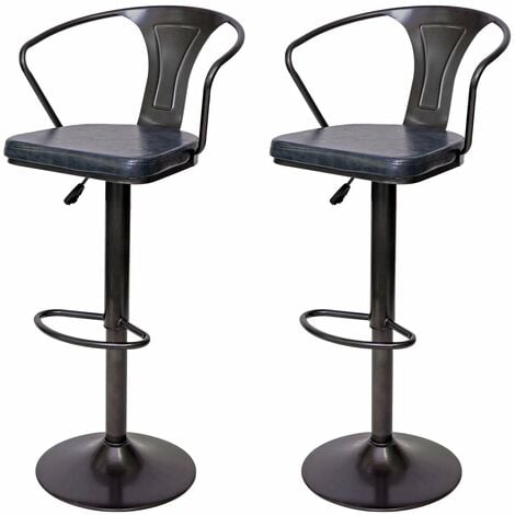2x tabourets de bar en synthétique gris et métal noir style industrielle avec accoudoirs - noir