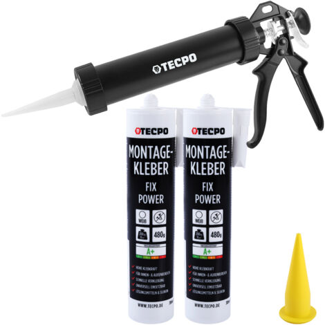 2x TECPO Universal Montagekleber Ultra FIX Power Baukleber 480g Weiß + Alu-Kartuschenpresse 220 mm