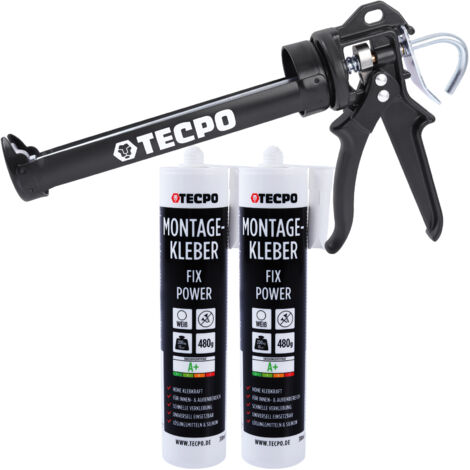 2x TECPO Universal Montagekleber Ultra FIX Power Baukleber 480g Weiß + Kartuschenpresse Kartuschenpistole 25:1