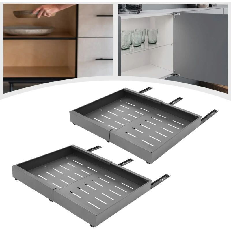 2x Telescopic Drawer, Length: 32-52cm, Extendable Cabinet Drawer, Pull Out Cabinet Drawer, kitchen organizer cupboard, Grey, for kitchens, pantries,