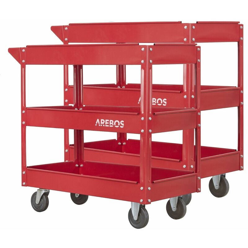 AREBOS 2x Tool Trolley 3 Level Mobile Workshop Trolley Cart Storage Shelf on Wheels - Red