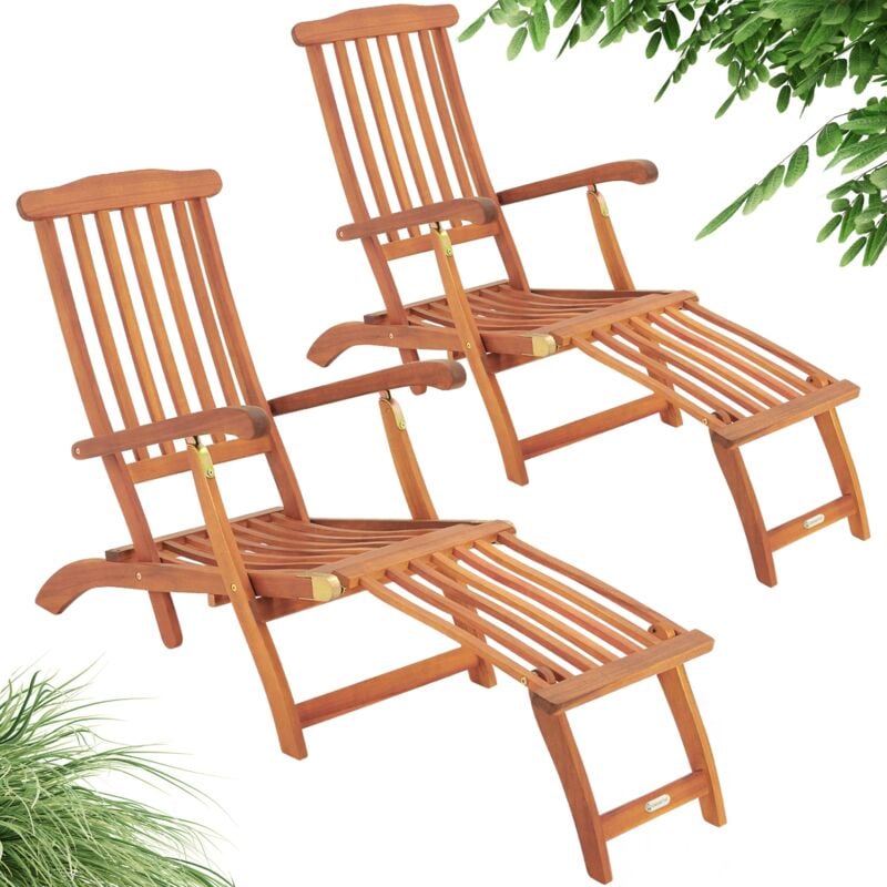 

2x Tumbonas Queen Mary de madera de acacia respaldo reclinable reposapies reposabrazos plegable jardín playa