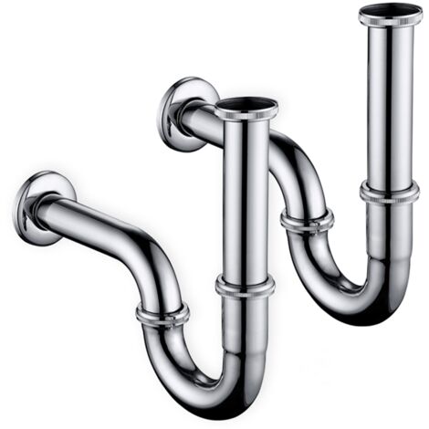2X Universal Siphon für Waschbecken Röhrengeruchsverschluss in 1 1/4 x Ø 32 mm Röhrensiphon Edelstahl für Waschtisch Geruchsverschluss höhenverstellbar mit Wandrosette 2 Pcs
