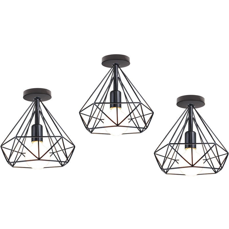 Axhup - Ceiling Light Fixture Vintage Industrial Simple Ceiling Lamp Ø25cm Metal Diamond Cage Chandelier with Lampshade for Living Room Hallway - 3X