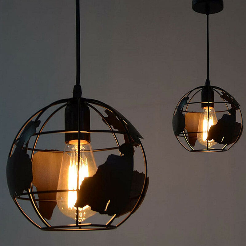 2pcs Vintage Pendant Light Metal Earth Chandelier Retro Hanging Ceiling Light with Globe Shape Cage Lampshade for Kitchen Island Dining Room (Black)