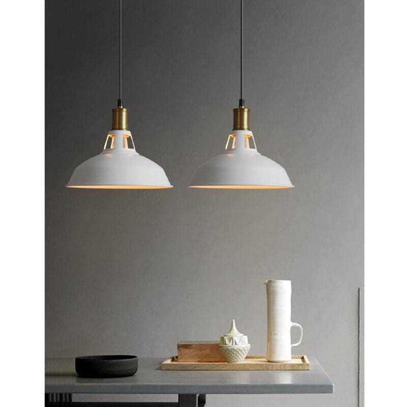 2X Vintage Pendant Light, Hanging Light with Dome Metal Lampshade, Retro Industrial Chandelier (White, Ø27cm)