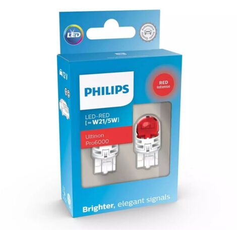 2x W21/5W LED Ultinon Pro6000 Rouge - Philips - 11066RU60X2 - T20 7443 - AMPOULES