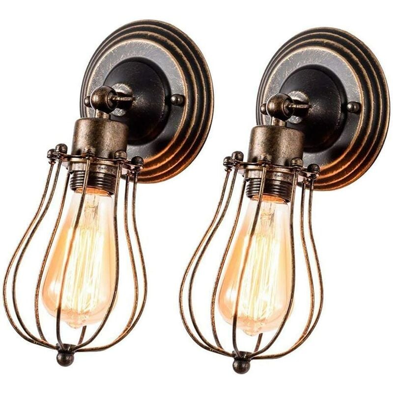 2x Wall Light Fixture, Retro Industrial Wall Lamp with Adjustable Arm, Vintage Metal Wall Sconces with Wire Cage for Bedroom Living Room Bedside