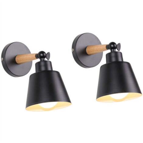 2X Wall Light, Modern Wooden Wall Lamp with Adjustable Arm, Simple Wall Sconce Fixture with Metal Lampshade for Bedroom Living Room (Black)
