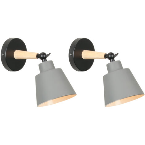 2X Wall Light, Modern Wooden Wall Lamp with Adjustable Arm, Simple Wall Sconce Fixture with Metal Lampshade for Bedroom Living Room (Grey)