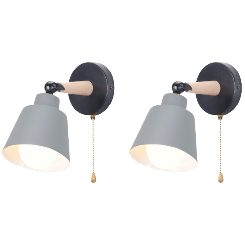 2X Wall Light, Modern Wooden Wall Lamp with eu Plug, Simple Wall Sconce Fixture with Metal Lampshade for Bedroom Living Room (Grey)