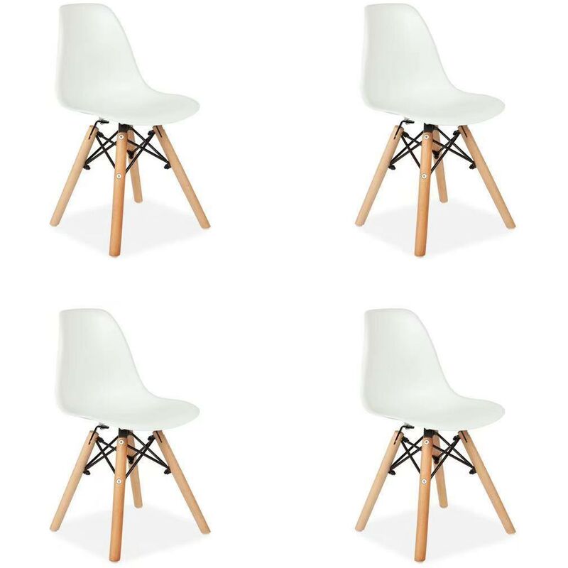 Set of 4 Tulip Kids Children Chairs Strong Plastic Seat with Wooden Legs White