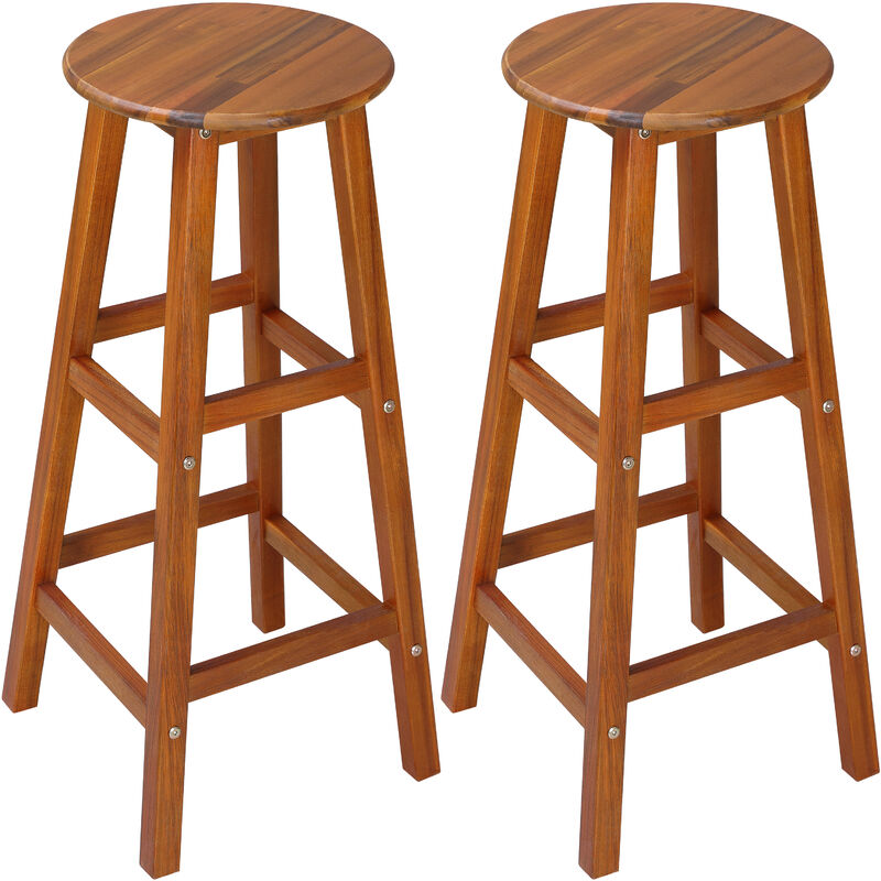 2x Wooden Bar Stool w/ Footrest & Round Seat | Strong Acacia Hardwood | Kitchen | Breakfast | Counter | Conservatory | Café | Pub