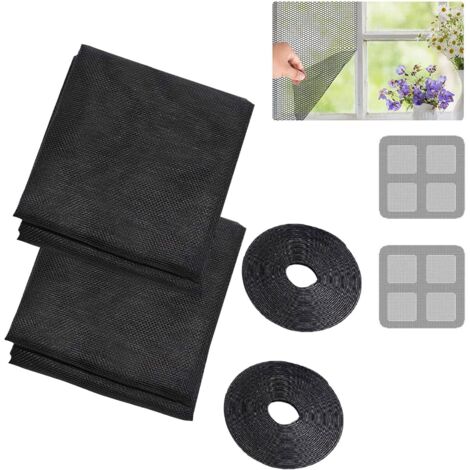 2x ZANZARIERA PER FINESTRA 1,3x1,5m SET VELCRO NERO + TOPPA DI RIPARAZIONE
