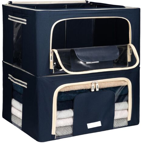 2x24L Clothes Storage Bags Zipper Metal Frame Stackable Sturdy Oxford 600D Moisture Resistant Duvet