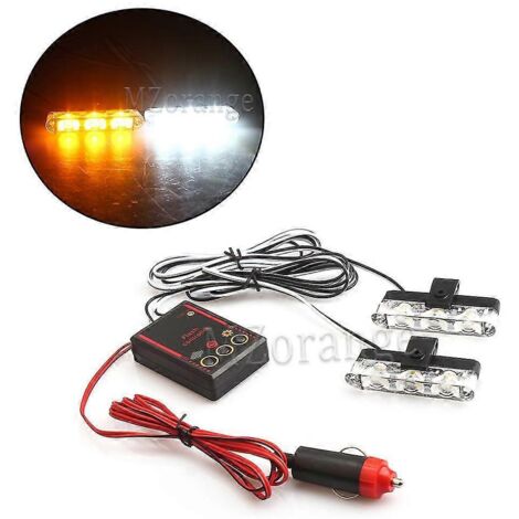 2x3 Feux stroboscopiques d'urgence FSO, gyrophares LED, stroboscopes, feux de police, 12 V, 6 W, clignotants pour voiture, allume-cigare - 1 blanc, 1 jaune