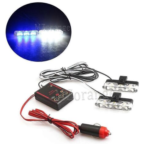 2x3 Feux stroboscopiques d'urgence FSO, gyrophares LED, stroboscopes, gyrophares de police, 12 V, 6 W, clignotants pour voiture, allume-cigare - 1 blanc, 1 bleu