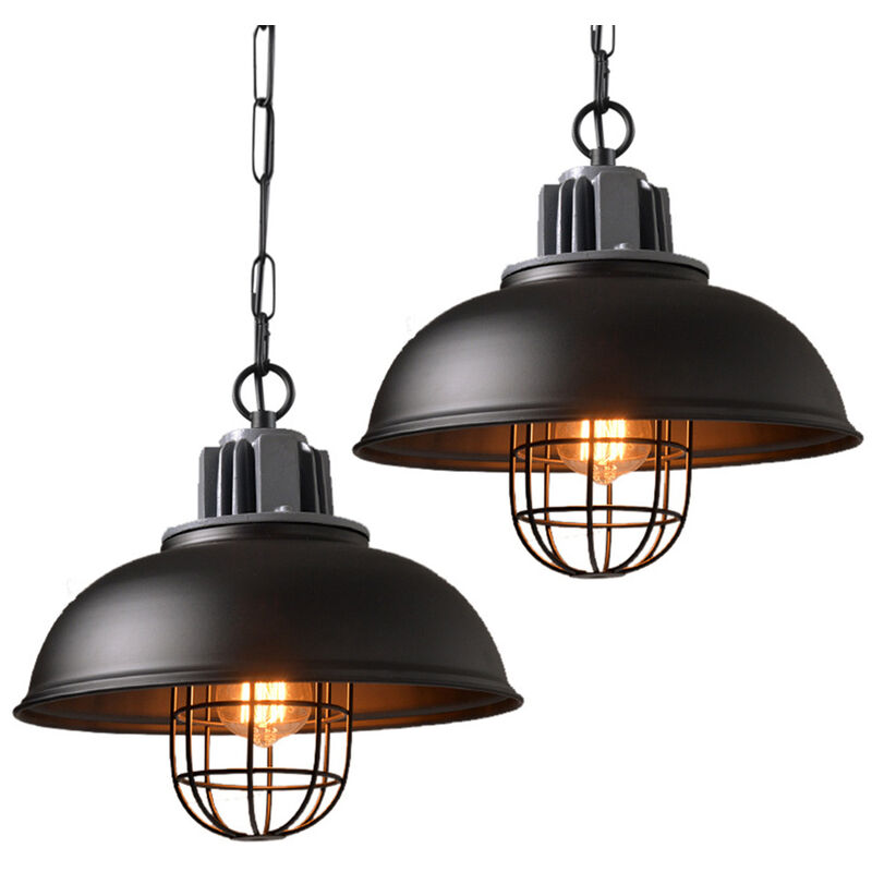 2X Vintage Pendant Light Ø33cm Metal Dome Hanging Ceiling Lamp, Industrial Chandelier with Cage Lampshade for Bedroom Living Room Kitchen Island