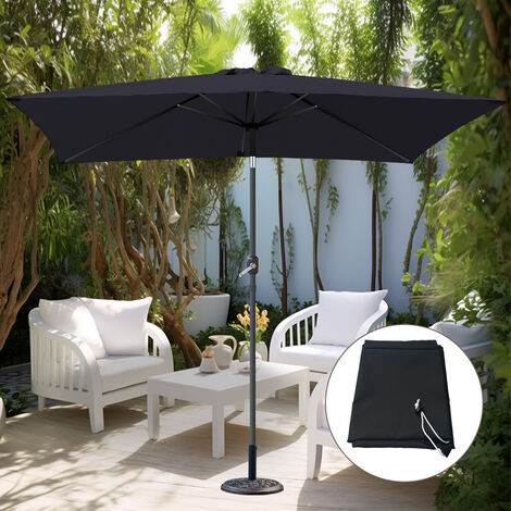 2x3M Black Rectangular Garden Parasol Crank Tilt Umbrella  w/ Base Cover