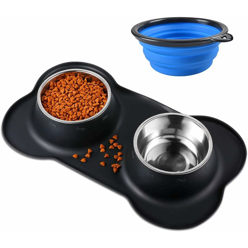 

2x400ML Cuenco para perros y gatos Cuenco doble de acero inoxidable Base antideslizante Alfombrilla de silicona antideslizante antideslizante