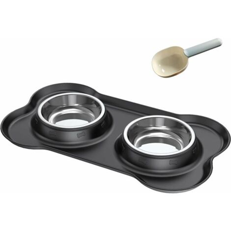 2x400ML Gamelle pour Petit Chat et Chien, Gamelle en Acier Inoxydable Anti-derapante Anti-debordement et Anti-deversant, Bol Double INOX avec Tapis en Silicone