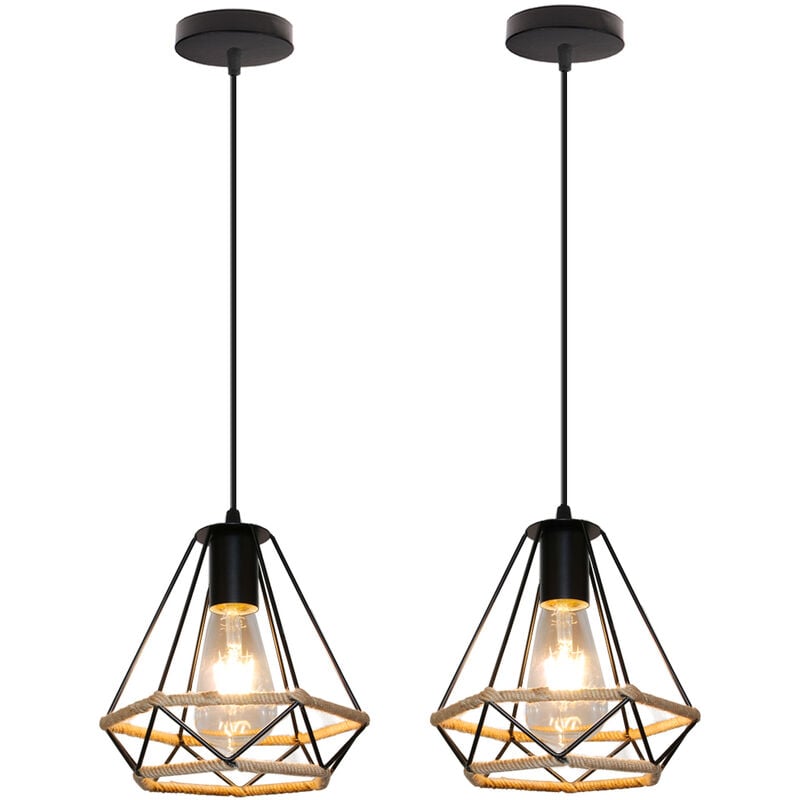

(2X)Lámparas de Colgar Nostalgia Clásica Lámpara de Techo de Diamante de Cuerda de Cáñamo 20CM Araña Industrial Retro Negra para Dormitorio Tipo Loft