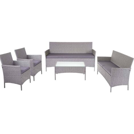 3-2-1-1 Poly-Rattan Garten-Garnitur Hamar, Lounge-Set Sitzgruppe Sofa grau, Kissen anthrazit