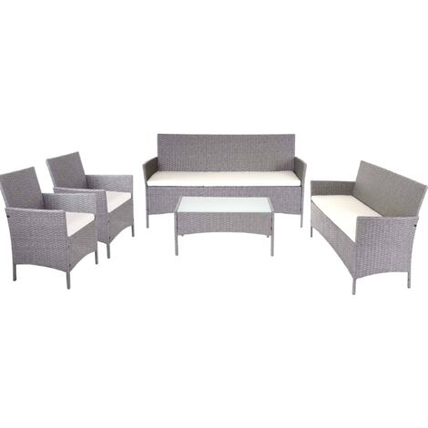 3-2-1-1 Poly-Rattan Garten-Garnitur Hamar, Lounge-Set Sitzgruppe Sofa grau, Kissen creme