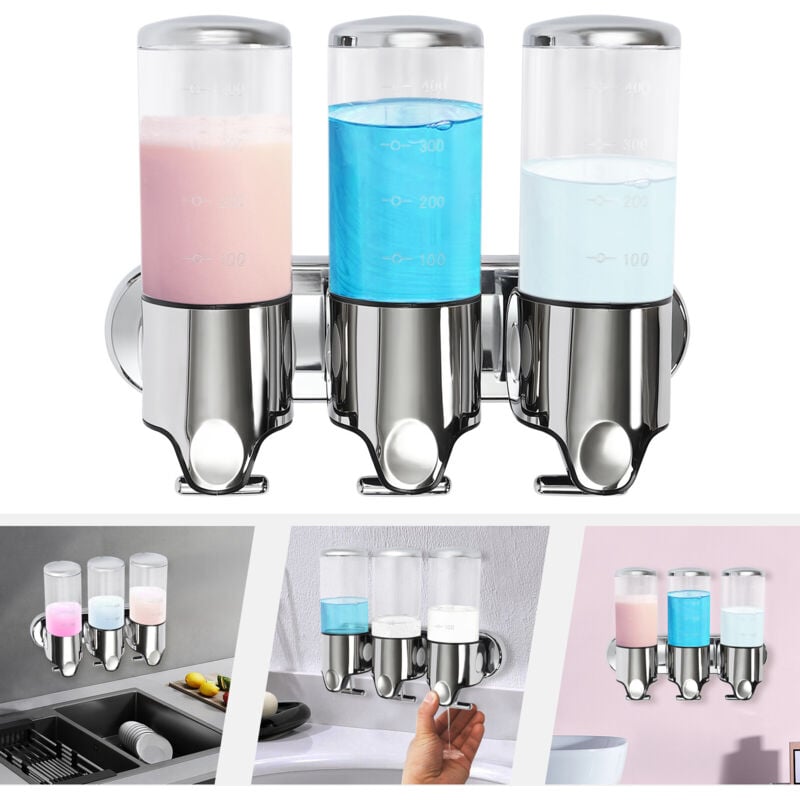 3 x 400ml mural distributeur de savon pompe distributeur argent shampooing savon