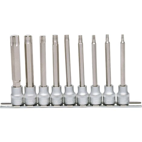 3/8" Juego de llaves de vaso con punta para tornillos Torx, largas, 9 pzs, T20-T60
