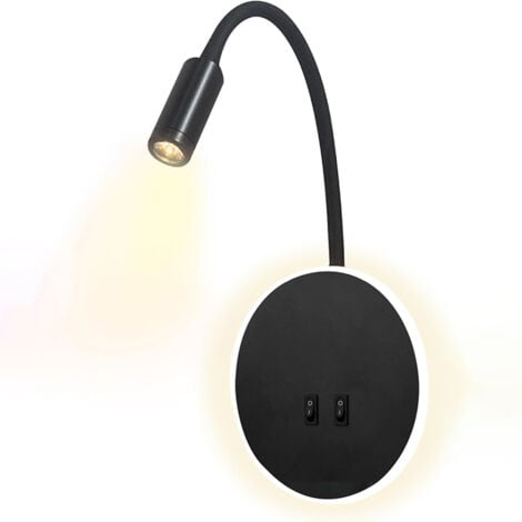3+8W LED Lampe de chevet pour lire LED Lampe de lecture de Cygne Flexible (noir) Applique murale Liseuse LED avec interrupteur Blanc chaud 3000K Moderne