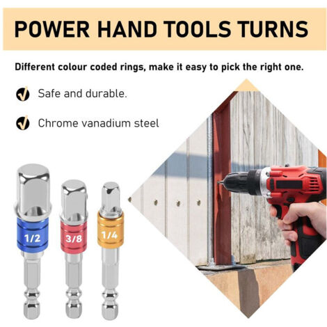 3 adaptateurs douille impact 1/4" 3/8" 1/2" tige hexagonale convertisseur coloré