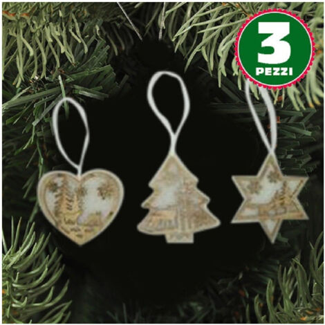 3 Appendini Natale In Legno E Ovatta Forma Stella Albero Cuore Con Scenario 16cm