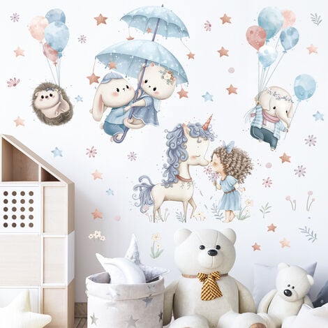 3 ballons Licorne fille stickers Chambre d'enfant dessin animé éléphant stickers muraux animaux